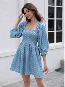 Besticktes Puffärmel Kleid mit elastischem Bund