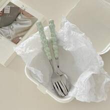 2pcs Macaron Pearl Spoon & Fork, Ceramic Spoon & Fork, Dessert Spoon Portable Cutlery Set, Soup Spoon Camping Utensils