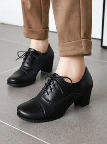 Women's Chunky Lace Up Vintage Oxfords Dress Pumps Round Toe Block Mid Heels Retro Brogues Shoes