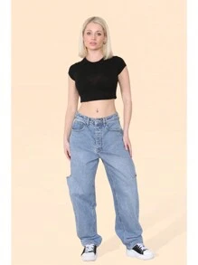 Women's Denim Blue High Waist Loose Baggy Boyfriend Flared Jeans With Side Slim Cut Knees - Classic Vintage Tapered Denim Pants Casual Streetwear - Blue - View 1