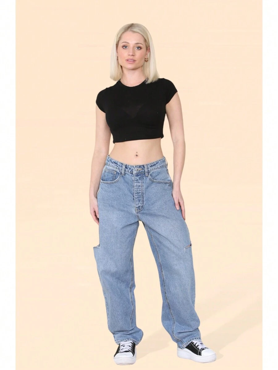 Women's Denim Blue High Waist Loose Baggy Boyfriend Flared Jeans With Side Slim Cut Knees - Classic Vintage Tapered Denim Pants Casual Streetwear - Blue - View 1