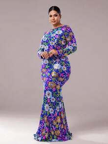 seomiscky Plus Size Long Sleeve Sequined Floral Print Bodycon Evening Gown, Party Dress, Wedding Guest Dress, Formal Dress, Evening Dress
