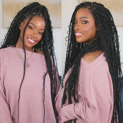 32 Inches Full Double Lace Front Square Knotless Box Braided Wigs With Boho Curls Ends Black Box Braids Wig With Baby Hair For American Women Synthetic Lace Frontal Braid Wigs Christmas Daily , New Year, Carnival, Music Festival Used