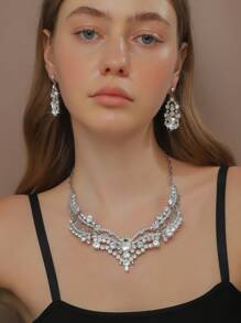 3pcs Luxury Fully Rhinestone Embellished European Style Banquet Bridal Jewelry Set With Earrings And Necklace