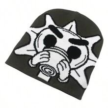 1 pieza Gorro de punto de jacquard de hilo bicolor con estilo callejero y de dibujos animados, atuendo cálido y de moda para otoño