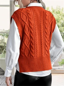 Vest For Women V Neck Sleeveless Knit Solid Casual Ribbed Preppy Pullover Tops - Orange - View 4