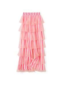 Women  Cute Pants Casual Layered Mesh Ruffles Stripe Print Elastic Trousers For Daily Streetwear