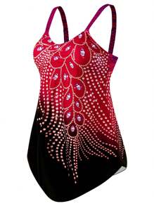 Women Plus Size One-Piece Swimsuit With Rhinestones Contrast Color Swimwear,Sizes S-6XL - Red - View 4