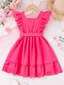 年轻女孩休闲时尚紫红色盖袖连衣裙，适合夏季聚会、休闲、度假和家居穿着 - 玫紅色 - 查看 2