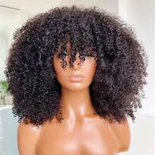 Afro Kinky Curly Human Hair Wigs With Bangs Wear To Go Glueless Wig Remy Brazilian Short Curly Bangs Wig Human Hair Natural Black - Natural Black - Xem 5