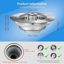 2pcs Upgraded 3 In 1 Kitchen Sink Drain Strainer Stainless Steel Sink Stopper Anti-Clogging Sink Food Catcher Basket Fast Drainage Odor Filter Sink Plug For US Standard 3 1/2 Inch Drain (Silver )