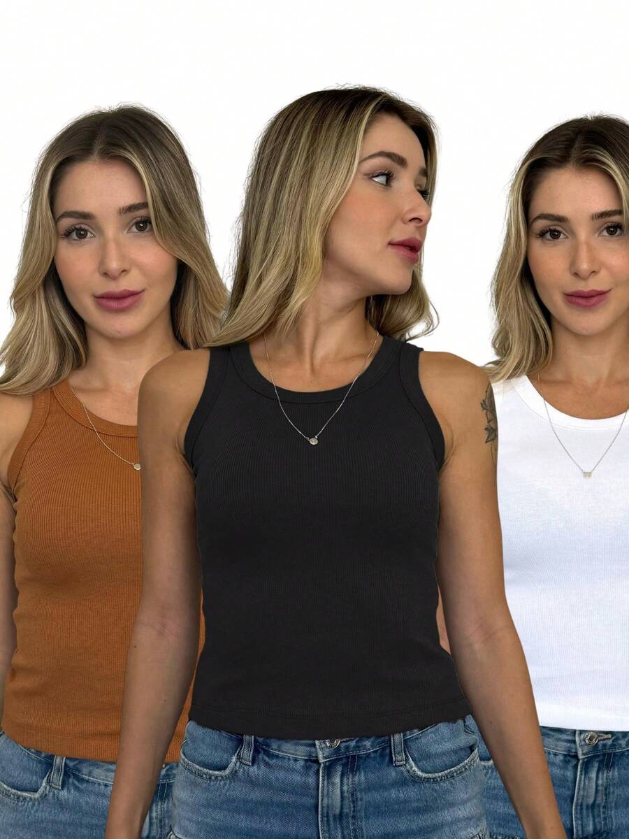 Kit 3 Regatas Feminina Canelada em Algodão Blusa Básica - PRETO - BRANCO - CARAMELO - Visão 1