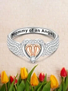 925 Sterling Silver Promise Ring, Angel Wing Design With Heart & Footprint Decor, Fashionable Jewelry For Women, Versatile Accessory, Exquisite Gift For Mom On Birthday, Anniversary, - Silver - View 4