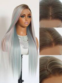 Highlight Pink Cyan Grey 13x4 Lace Frontal Wig Pre Plucked Glueless Long Straight 3 Tone Brown Roots Ombre Cyan Skunk Stripe Pink Synthetic 13x4 Lace Front Wigs For Women 24 Inches - 間色 - 查看 2