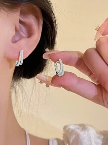1 Pair Fashionable Luxury Vintage Rhinestone Circle Hoop Earrings, Versatile & Chic Design - Silver - View 5