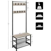 Coat Rack, Hall Tree With Shoe Bench, Entryway Shoe Storage With Coat Rack Stand, 9 Movable Hooks, Industrial Entryway Furniture, Gray - Grey - View 3
