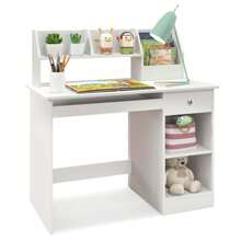 Lifezeal Kids Study Desk Children Writing Table With Hutch Drawer Shelves & Keyboard Tray - White - View 10