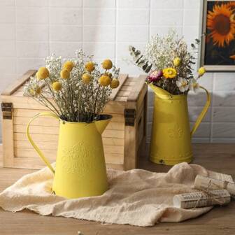 Jarrón estilo francés rústico y campestre de metal shabby chic, jarra galvanizada para flores para decoración del hogar - 7.5" H, regalos amarillos para cumpleaños, graduación, regreso a la escuela, decoración de habitaciones, suministros escolares, jarrón de flores, jarrón de vidrio