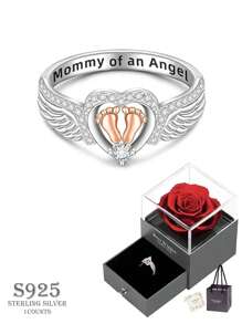 925 Sterling Silver Promise Ring, Angel Wing Design With Heart & Footprint Decor, Fashionable Jewelry For Women, Versatile Accessory, Exquisite Gift For Mom On Birthday, Anniversary, - Silver - View 11