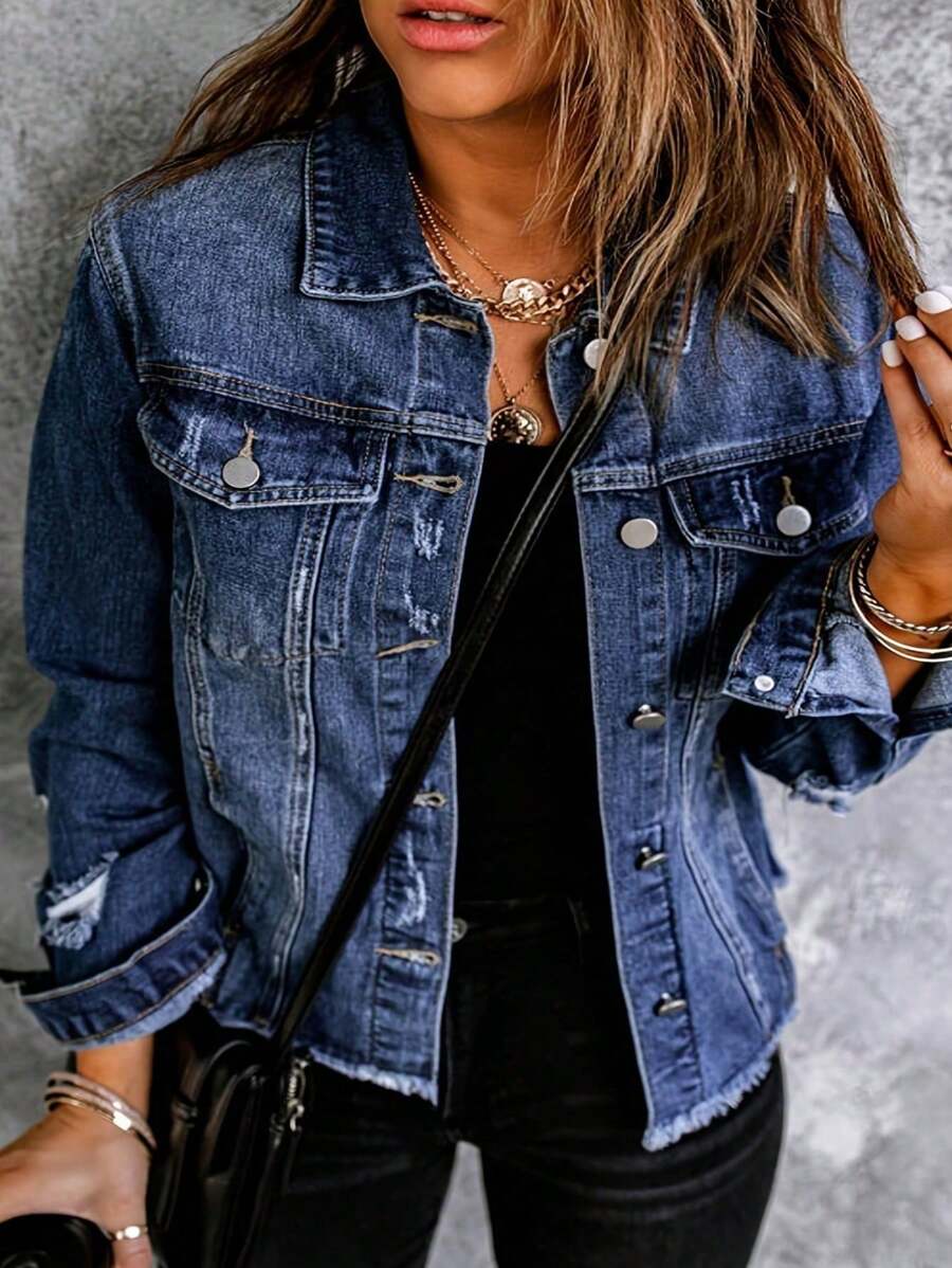 Women's Denim Jacket With Long Sleeves And Buttoned Distressed Denim Jacket - 深色水洗藍 - 查看 1