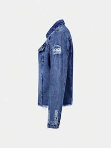 Women's Denim Jacket With Long Sleeves And Buttoned Distressed Denim Jacket - 深色水洗藍 - 查看 3