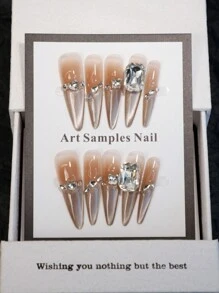 10 stuks/set lange puntige karamelbruine kattenoogglans zachte, natuurlijk ogende 3D platte nagelkunststickers, handgemaakte minimalistische, hoogwaardige, veelzijdige nagelstripset geschikt voor dagelijks gebruik, festivals en dates, druk op nagels