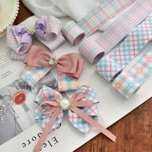 Bicolor Plaid Print Ribbon Handmade Bow DIY Hair Accessories Craft Supplies Gift Floral Ribbon