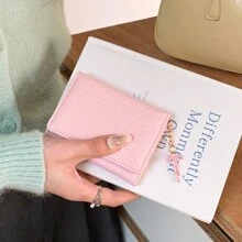 韩版蝴蝶结装饰钱包ins学生短款高档三折零钱包卡包情人节女士钱包钱包小钱包 - 粉色 - 查看 3