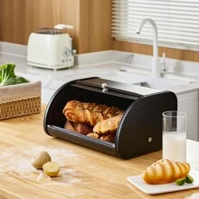 Living And Home Metal Roll Top Bread Container For Kitchen Countertop - Black 35cm W X 26cm D X 17cm H - View 2