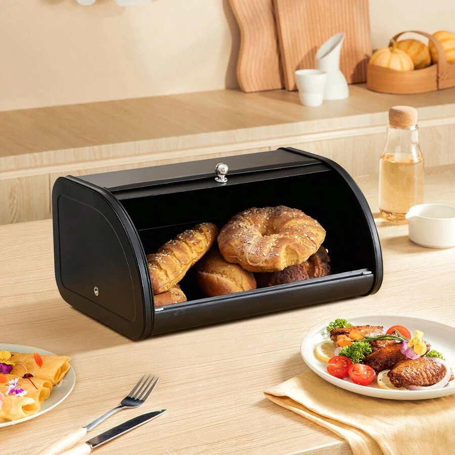 Living And Home Metal Roll Top Bread Container For Kitchen Countertop - Black 35cm W X 26cm D X 17cm H - View 1