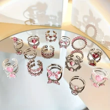 10Pcs Exquisite Pink Synthetic Zirconia Heart Love Butterfly Rings Set For Women Mix Style Fashion Open Adjustion Finger Jewelry Party Gifts