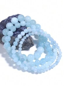 1pc Natural Aquamarins Beads Bracelet Women Men Blue Stone Round Bead Bracelet Elastic Rope Energy Meditation Jewelry Gift - Baby Blue - View 6