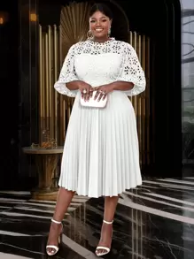 Lace Pleated Dresses Half Lantern Sleeves Hollow Out Elegant Midi Wedding Guest,Graduation Outfit - White - View 2