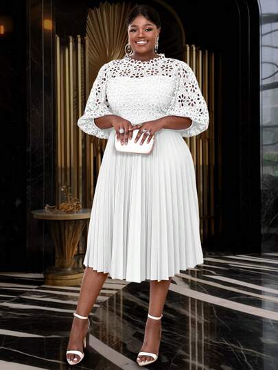 Lace Pleated Dresses Half Lantern Sleeves Hollow Out Elegant Midi Wedding Guest,Graduation Outfit