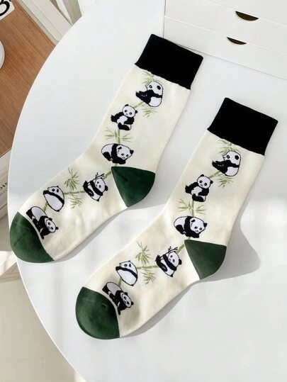 1/4 Pair Cartoon Panda Patterned Fashion Socks, Soft & Comfortable Mid-Calf Socks Suitable For Daily Wear Christmas Gift