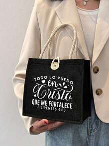 Christian Themed Small Tote Bag , Letter Pattern, Reusable Printed Women's Tote Bag, Double Handle Shopping School Bag, Large Capacity Shoulder Bag, Casual Tote Bag,Christmas Storage Bag, Suitable For Commuting, School And Shopping, Convenient For Outdoor Use, Gift For Friends And Besties, Teacher Gift,Easter Bonus , Perfect Choice For Vacation And Festival - Black - View 12