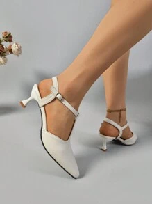 أحذية كعب عالي بيضاء عتيقة جديدة، صندل ذو كعب رفيع وفتحة في الكعب، أحذية نسائية رسمية ذات أصبع قدم مربع بسيطة وعملية - بيج - مشاهدة 6