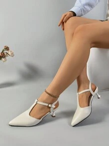 أحذية كعب عالي بيضاء عتيقة جديدة، صندل ذو كعب رفيع وفتحة في الكعب، أحذية نسائية رسمية ذات أصبع قدم مربع بسيطة وعملية - بيج - مشاهدة 4