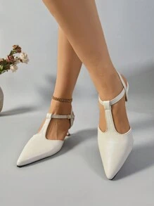أحذية كعب عالي بيضاء عتيقة جديدة، صندل ذو كعب رفيع وفتحة في الكعب، أحذية نسائية رسمية ذات أصبع قدم مربع بسيطة وعملية - بيج - مشاهدة 2