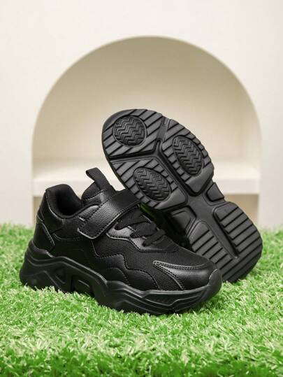 儿童运动鞋，黑色 PU 扣设计，舒适轻便休闲鞋，防滑耐磨，男孩和女孩户外运动鞋