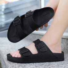 男士休闲拖鞋，时尚炫酷双扣轻便防滑沙滩凉鞋 - 黑色 - 查看 1