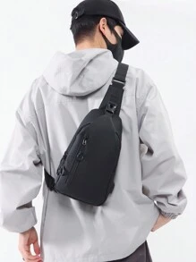 男士多功能胸包带 USB 充电端口，轻便单肩包手机邮差包，多功能纯色运动徒步斜挎包，大容量单肩包防水日常休闲通勤腰包圣诞假期