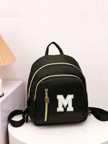 DIY Embroidered Letter Backpack, Mini Unisex Fashion Zipper Backpack, Suitable For Daily Use, Minimalist Classic Women Casual Portable Backpack, Suitable For Teenage Girls, Women, College Students, Students - Black - View 4