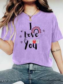 Women's Fashionable I LOVE YOU Print T-Shirt For Valentine's Day - Casual Short Sleeve Crew Neck Top - Lightweight & Breathable For Spring & Summer Wardrobe, Polyester, 200gsm, 1 Piece - 紫色 - 查看 1