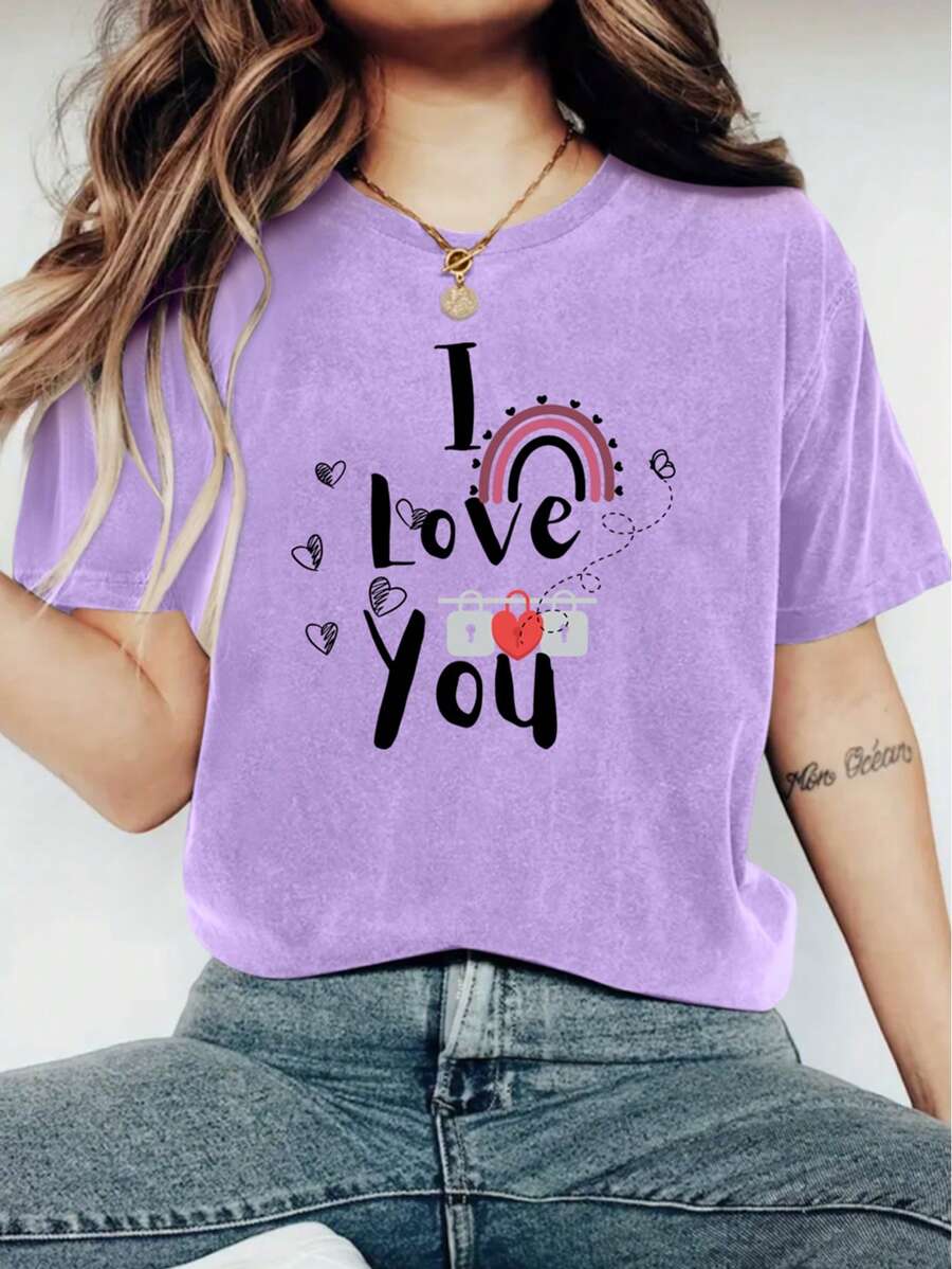 Women's Fashionable I LOVE YOU Print T-Shirt For Valentine's Day - Casual Short Sleeve Crew Neck Top - Lightweight & Breathable For Spring & Summer Wardrobe, Polyester, 200gsm, 1 Piece - 紫色 - 查看 1