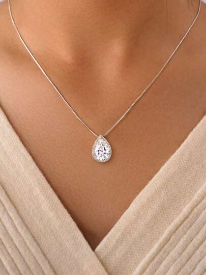 1 Pç 925 Prata Esterlina Elegante Lindo Conjunto de Moldura Colar Lágrima Colar Feminino Delicado Jóias Presente Festa Presente Aniversário Namoro Essenciais