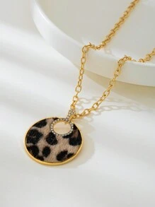 1 pièce paire de boucles d'oreilles rondes en métal imprimé léopard et 1 pièce collier assorti, style européen et américain vintage à la mode, convient pour les boîtes de nuit et les soirées