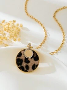 1 pièce paire de boucles d'oreilles rondes en métal imprimé léopard et 1 pièce collier assorti, style européen et américain vintage à la mode, convient pour les boîtes de nuit et les soirées