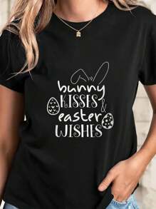 Bunny Kisses Easter Print Novelty Tee Casual Crew Neck Graphic T-Shirt Women'S Plus Size Crew Neck Short Sleeve Comfy T-Shirt