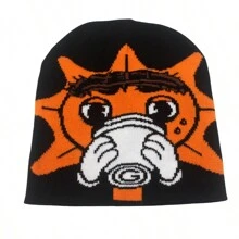 1 pieza Gorro de punto de jacquard de hilo bicolor con estilo callejero y de dibujos animados, atuendo cálido y de moda para otoño